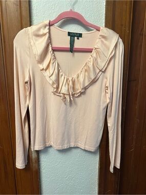 Ralph Lauren Peach Ruffle V-Neck Long Sleeve Top
